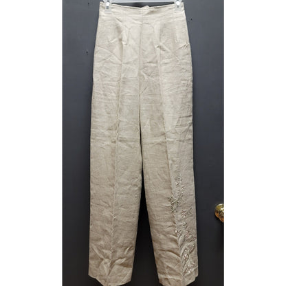 Donna Morgan Vintage Tan Linen Embroidered Pants Coastal Luxury High Waist 4