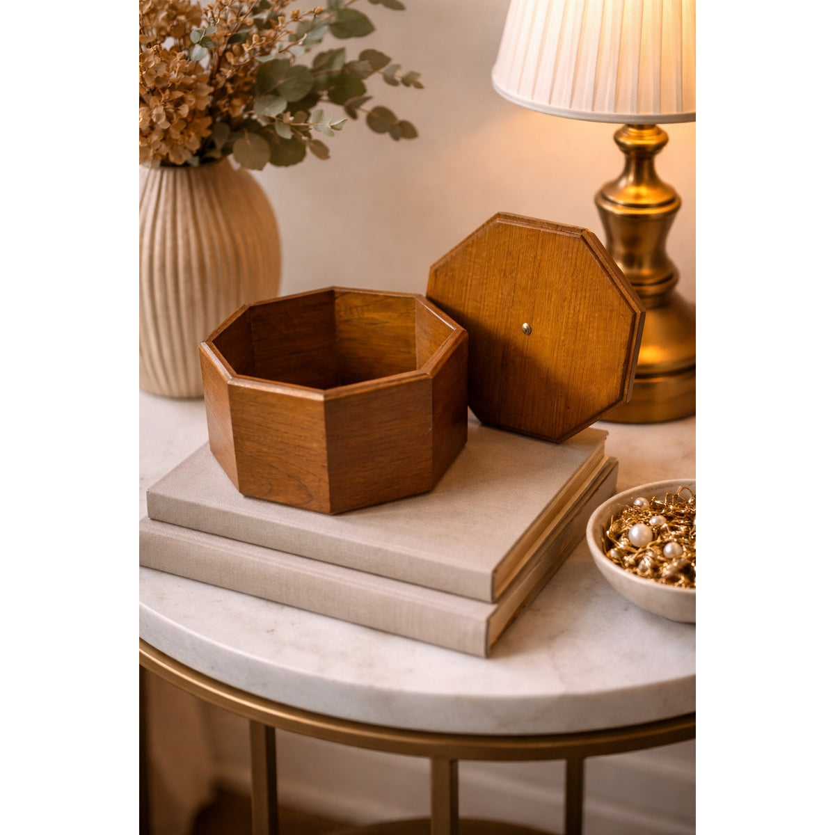 Vintage Octagonal Wooden Keepsake Box | Mid-Century Trinket Jar Vanity