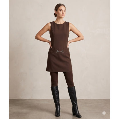 NY Sake Vintage Sleeveless Wool Sheath Layering buckle Scoop Neck Dress Brown