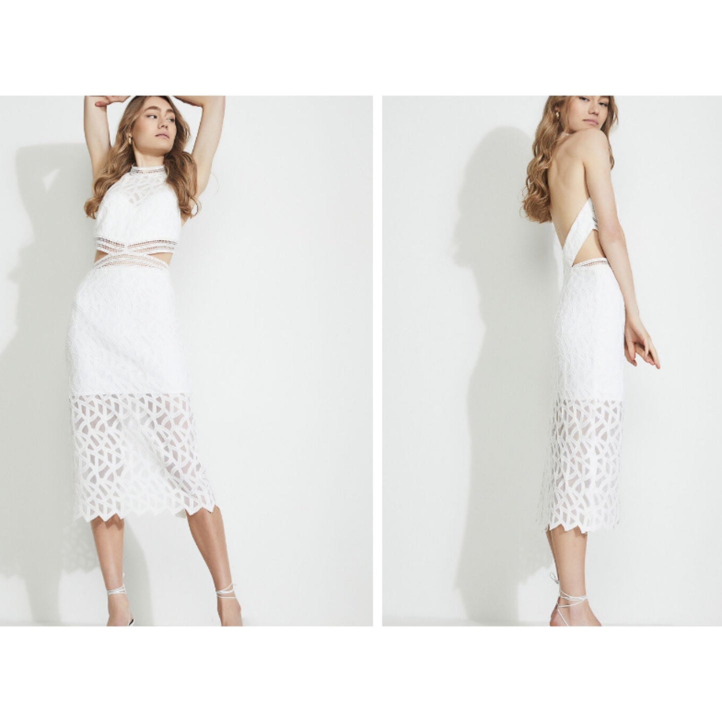 Bardot iSLA Ivory White Lace Dress Size 10 halter side cutouts midi wedding NEW