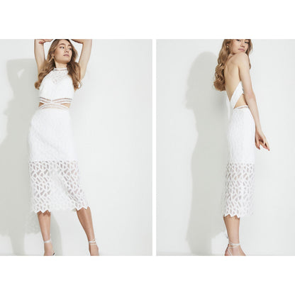 Bardot iSLA Ivory White Lace Dress Size 10 halter side cutouts midi wedding NEW