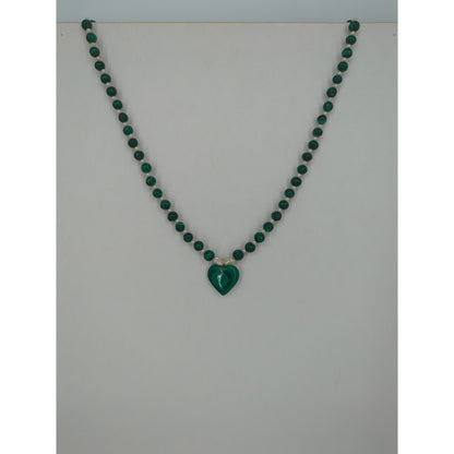 Vintage Green Jadeite Glass Beaded Necklace Heart Pendant Mid-Century Boho Chic