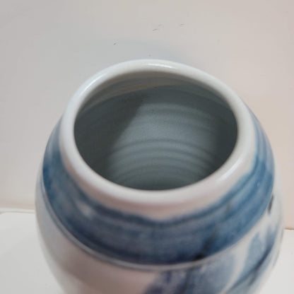 Cobalt Blue White Handmade art pottery vase signed flowers Approximately 9" x 5"