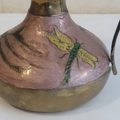 Vtg Brass DRAGONFLY Flower Enamel Cloisonne Champleve Pitcher Vase 4'' India