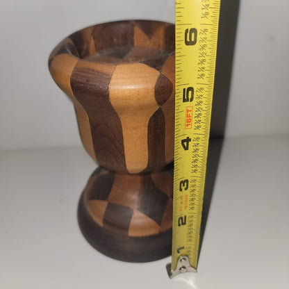 Vintage Taper Candlestick Holder Inlaid Turned Wood Marquetry Signed 1983 gift
