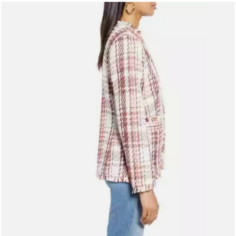 Halogen women new open front plaid tweed jacket LARGE  Ivory Coral career CASUAL