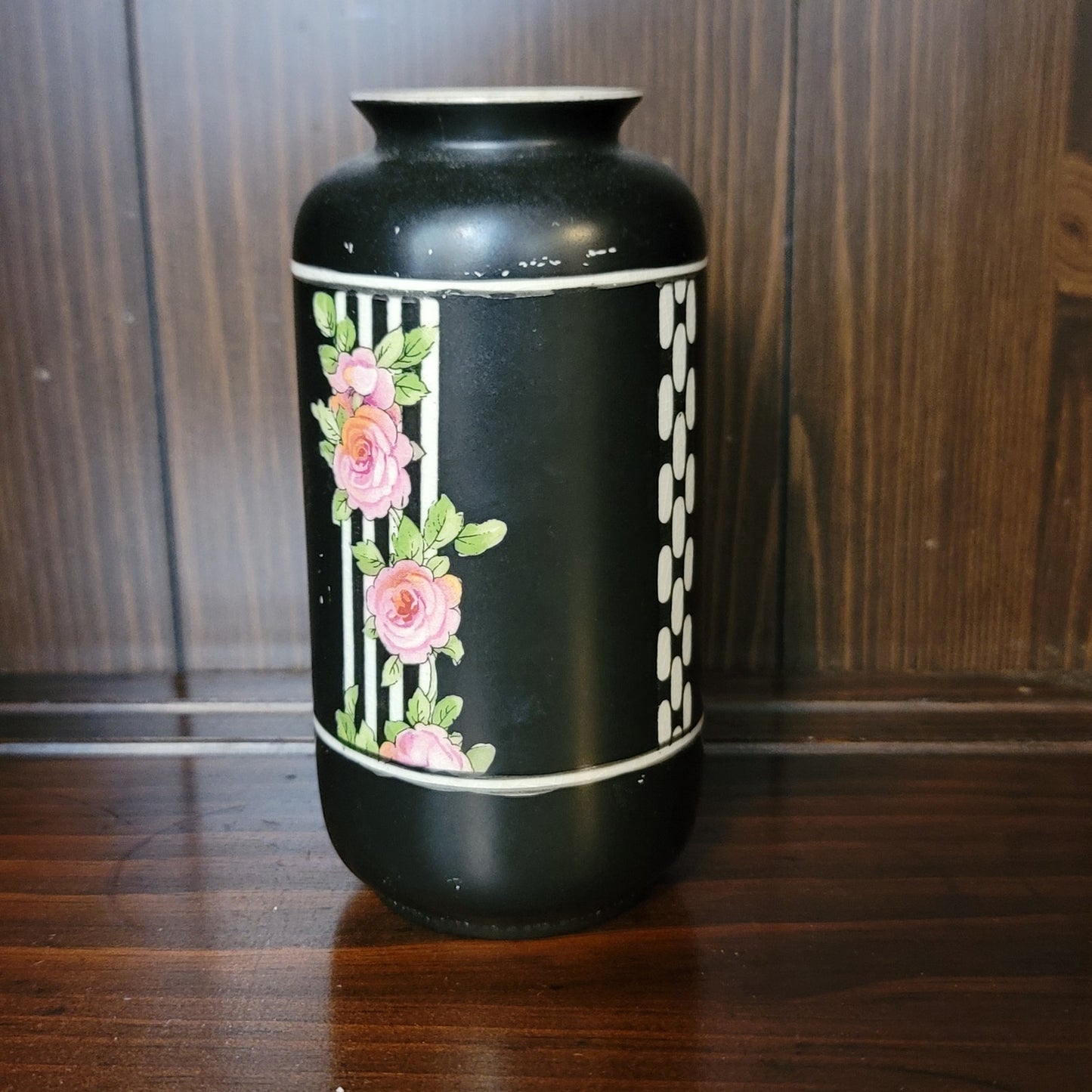 Vintage Crown Ducal Black Art Deco Vase with Pink Roses & White Trellis