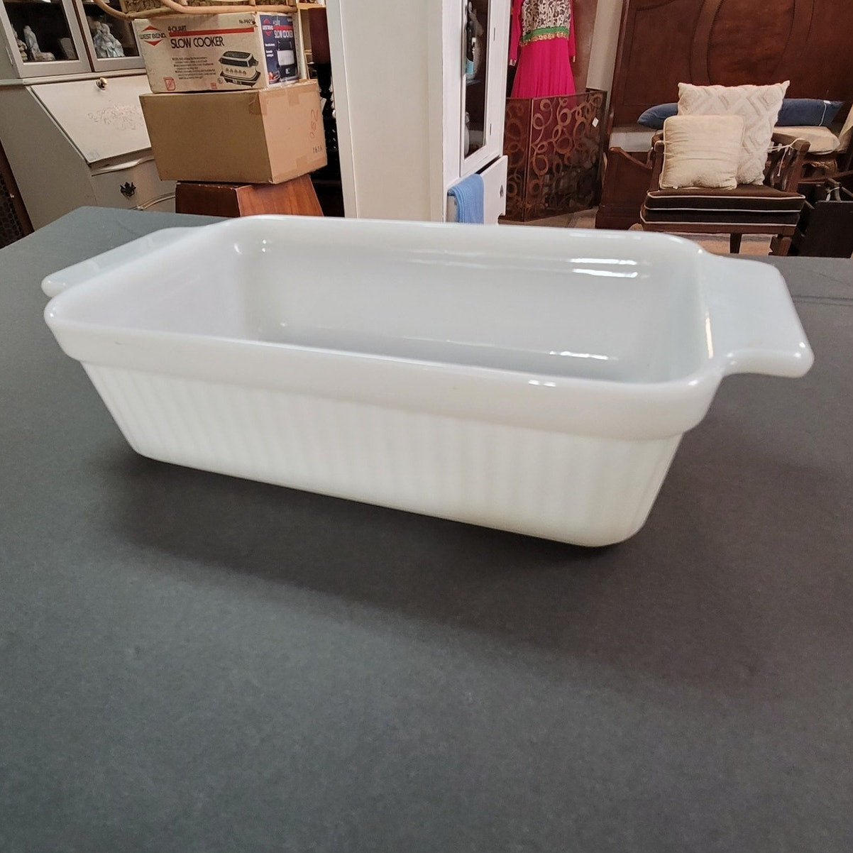Vintage Fire-King White Milk Glass Ribbed Loaf Pan Anchor Hocking Baker Cookware