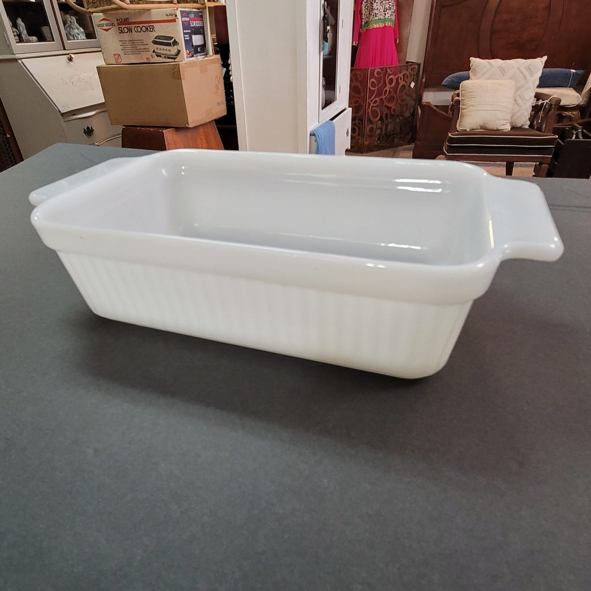 Vintage Fire-King White Milk Glass Ribbed Loaf Pan Anchor Hocking Baker Cookware