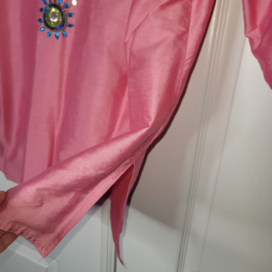 Fabindia Pink Embroidered Long Sleeve Tunic Top Beaded Embellishments size Large