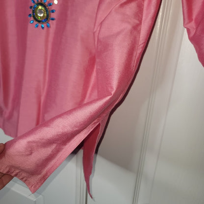 Fabindia Pink Embroidered Long Sleeve Tunic Top Beaded Embellishments size Large