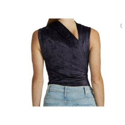 rta Julie Sleeveless Highneck Velvet Bodysuit Small NEW Faux Wrap blue $350.00
