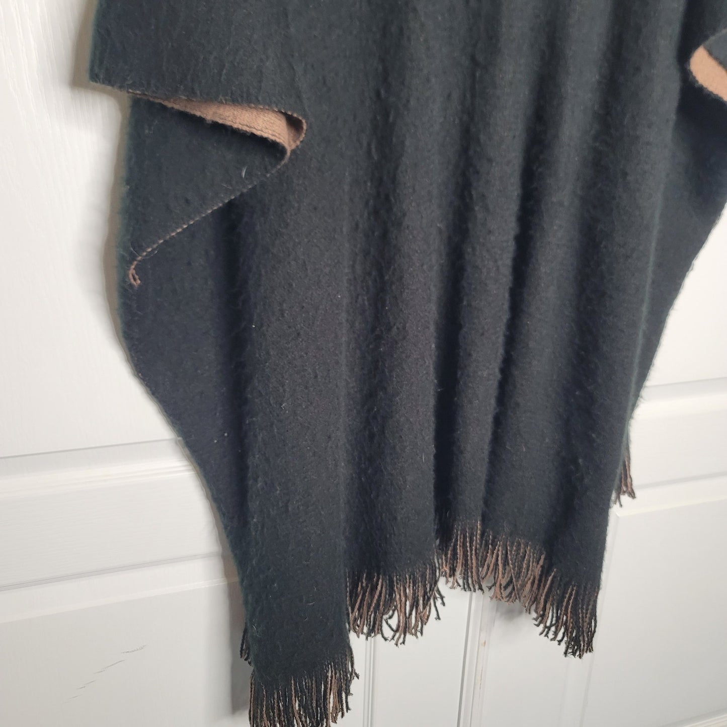 Shawl One Size Black Brown Reversible long Sweater Wrap Fringe Fuzzy Armholes