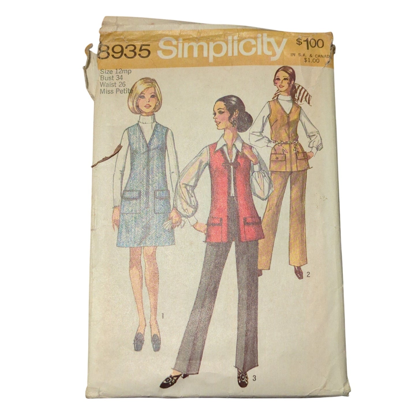 Simplicity 8935 Vintage Sewing Pattern Size 12 Bust 34 Waist 26.5 Miss Petite