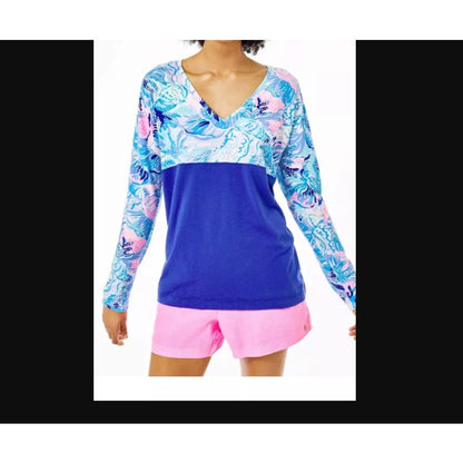 Lilly Pulitzer LARGE Long sleeve Shirt Finn V Neck Top Blue Shade Seekers