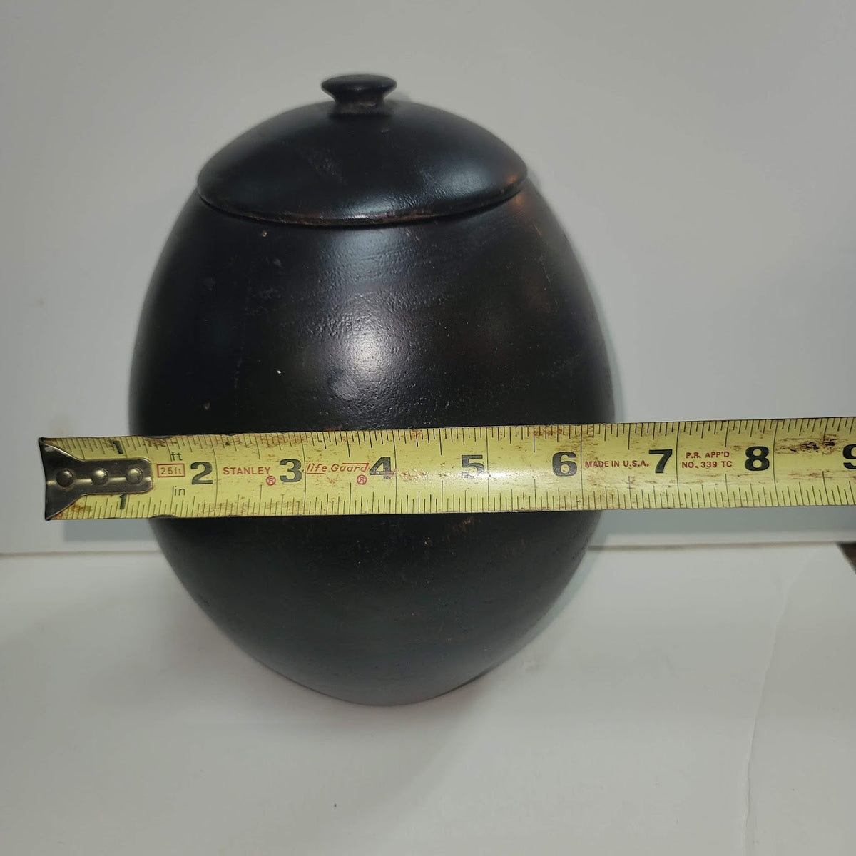 Handmade HAND TURNED urn wood dark egg shape 10" tall with lid URN Biscuit