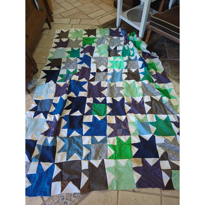 Vintage 70s Mixed Calico Star Patchwork Unfinished Quilt Top - 69" x 86" Project