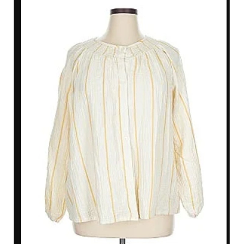 Ava & Viv Size 2X Plus Blouse Top Yellow Cream Stripe Cotton blouson long sleeve