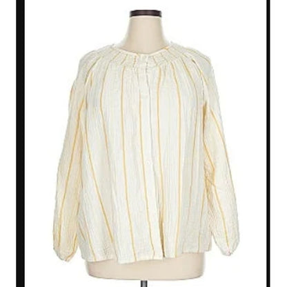 Ava & Viv Size 2X Plus Blouse Top Yellow Cream Stripe Cotton blouson long sleeve