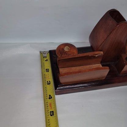 Vintage Handmade MCM teak Wood Desk Organizer Pen business card Pin Holder
