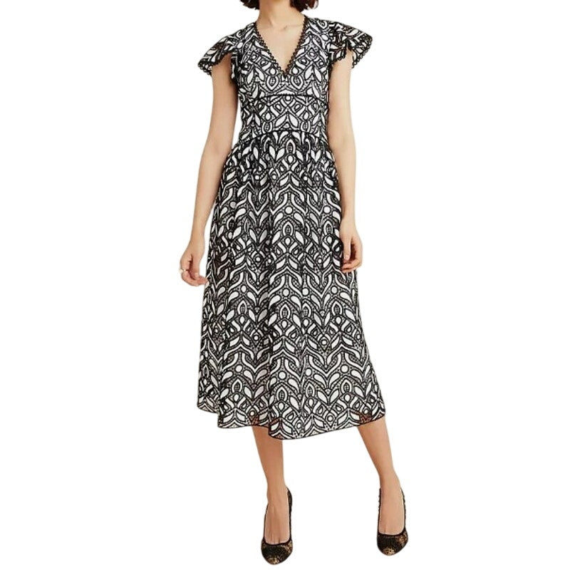 NWT ML Monique Lhuillier Embroidered Lace V-Neck Midi Dress Size 4