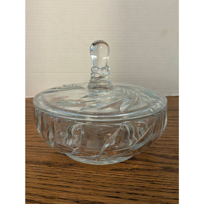Vintage Clear Pressed Glass Candy Dish & Lid Swirl Design Powder Vanity Trinket