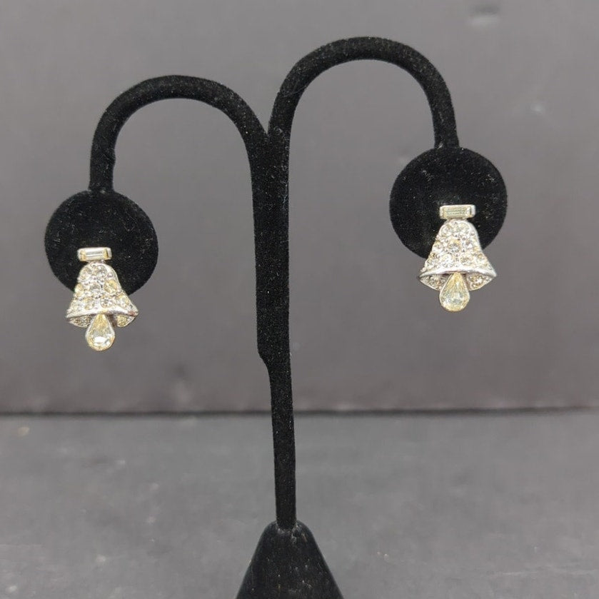 Vintage 1960s Clear Rhinestone Crystal Teardrop Bells ClipOn Dangle Drop Earring