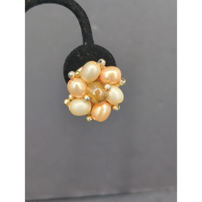 Vintage Faux Pearl Rhinestone Cluster Gold Tone Clip On Earrings Hong Kong