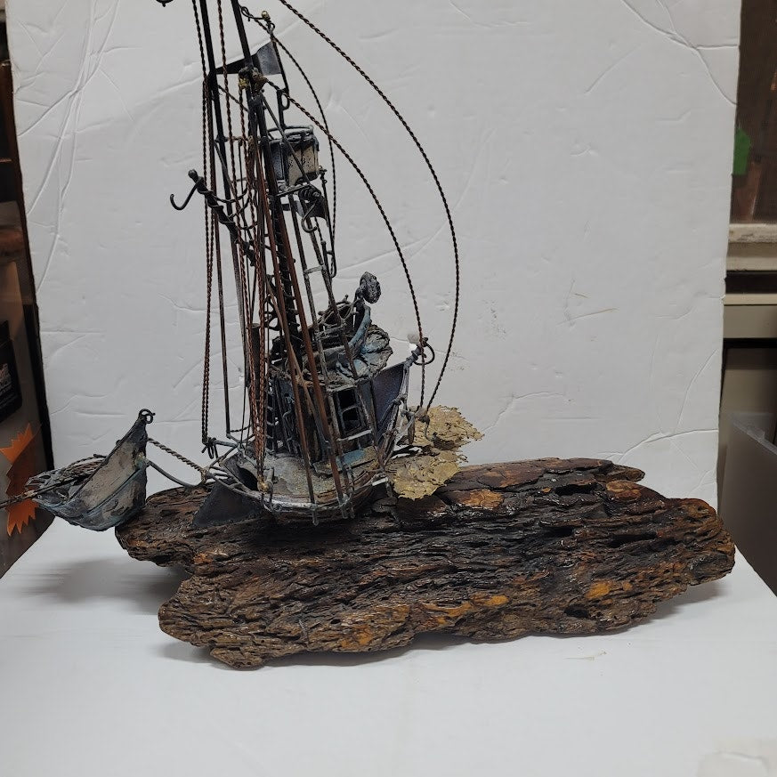 Large VINTAGE Copper bronzed ship brig dingy mounted on varnished 15" x 17" wood