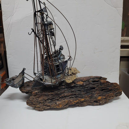 Large VINTAGE Copper bronzed ship brig dingy mounted on varnished 15" x 17" wood