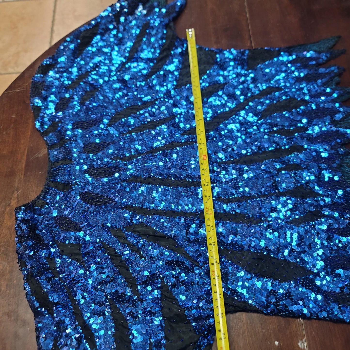 Vintage SILK blue sequin formal womens top jagged hem 80s M/L Handstitched