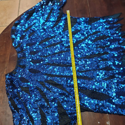 Vintage SILK blue sequin formal womens top jagged hem 80s M/L Handstitched