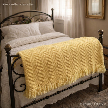 handmade Yellow afghan throw fringe chevron 50" x77" twin zigzag homestead retro