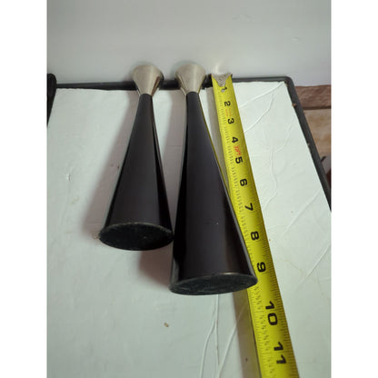 Pair metal black metal MCM candle holders brutalist style heavy staggered