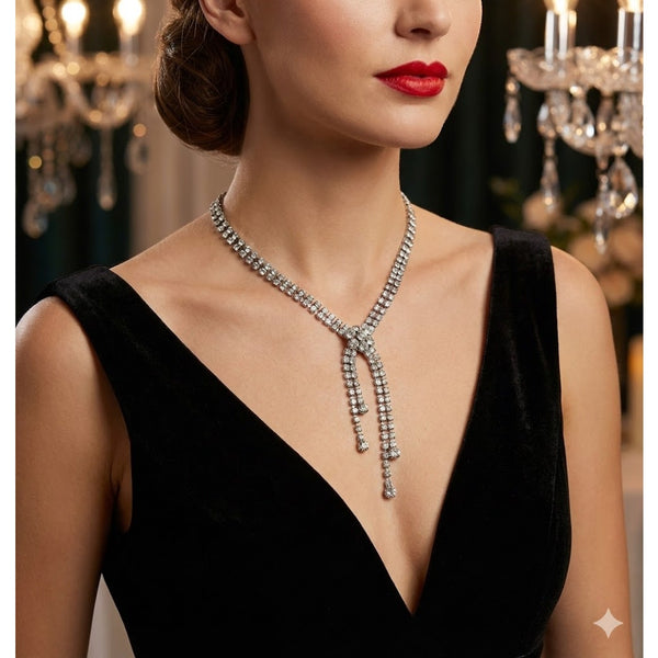 Vintage Rhinestone Lariat Y Necklace Silver Tone Art Deco Revival Glamour 50's