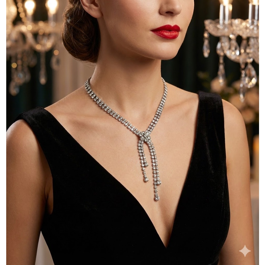 Vintage Rhinestone Lariat Y Necklace Silver Tone Art Deco Revival Glamour 50's