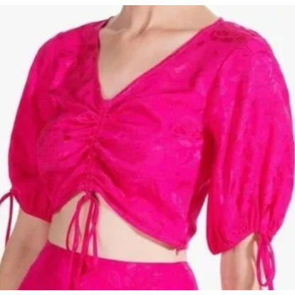 Staud Bloom Top V-Neck Ruched Drawstring Crop Top Size Large in Peony Pink NWT