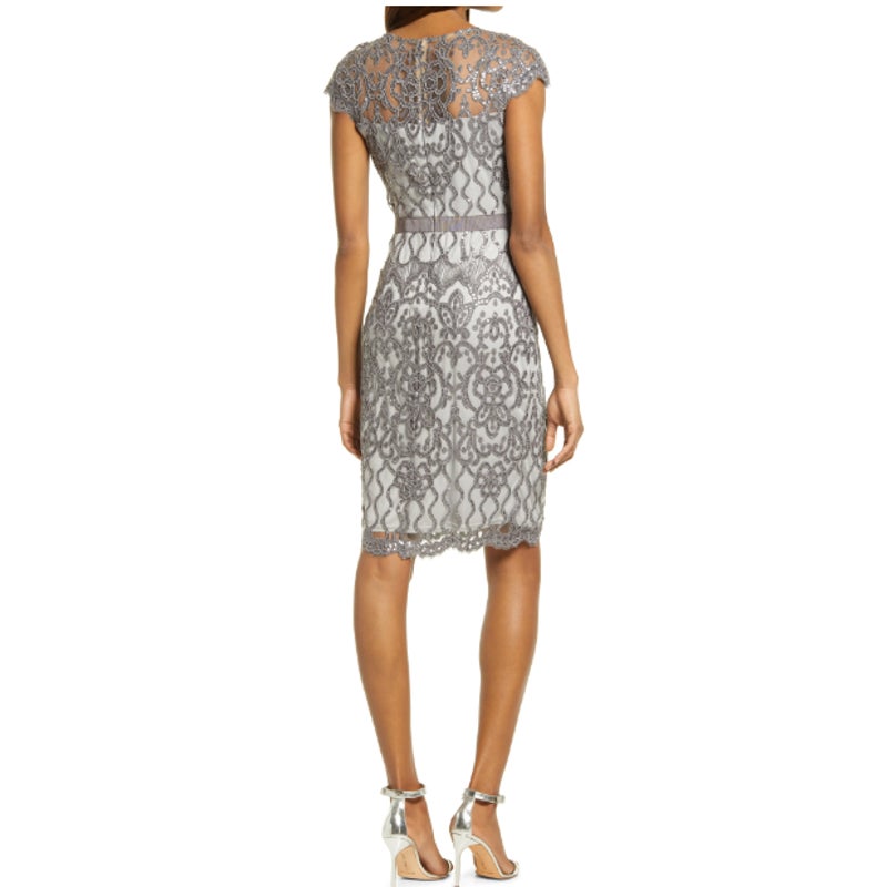 Tadashi Shoji Lace Sequin Cocktail Tea Party Gown size 8 Mist Gray NEW