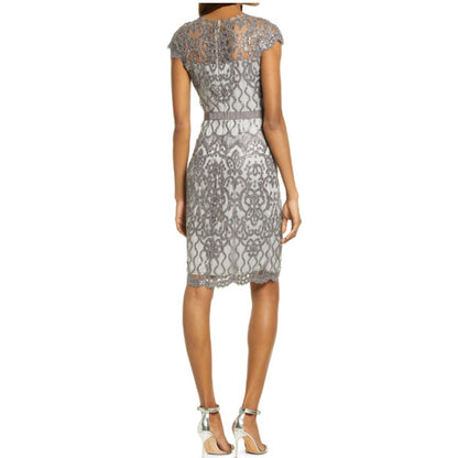 Tadashi Shoji Lace Sequin Cocktail Tea Party Gown size 8 Mist Gray NEW