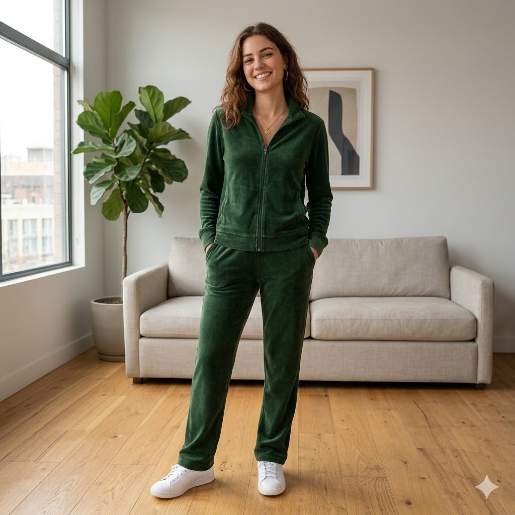 Vintage Kim Rogers Green Velour Tracksuit Set Zip Jacket Pants Y2K Lounge Medium