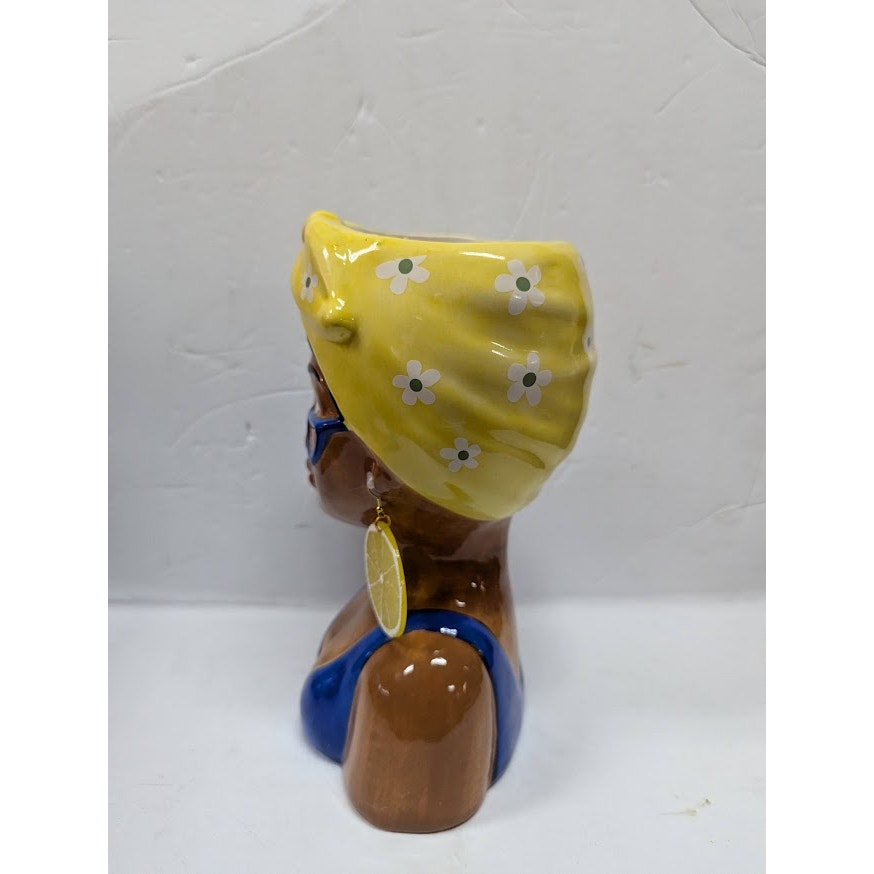 Large Ceramic Fruit lady headvase planter 9" tall YELLOW BANDANA LEMON RING