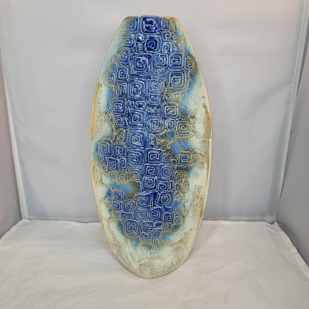 Tenmoku Malaysia 12" Vase Pinched Flatened Pottery Blue Geometric Swirl texture