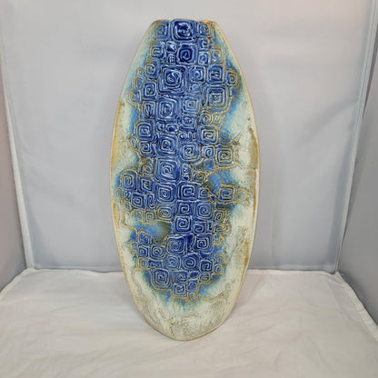 Tenmoku Malaysia 12" Vase Pinched Flatened Pottery Blue Geometric Swirl texture