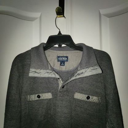 Lucky Brand Medium Heavyweight Grey Collared Henley Pullover Sweater Button