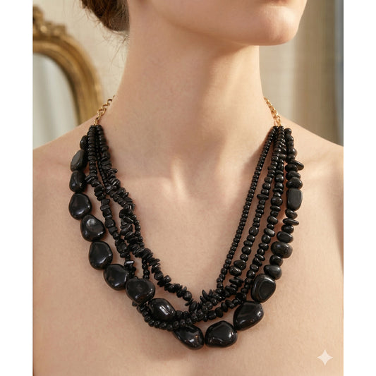 17" Vintage Black Beads Gothic Multi Strand Necklace freeform
