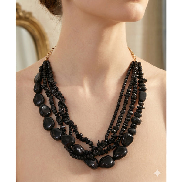 17" Vintage Black Beads Gothic Multi Strand Necklace freeform