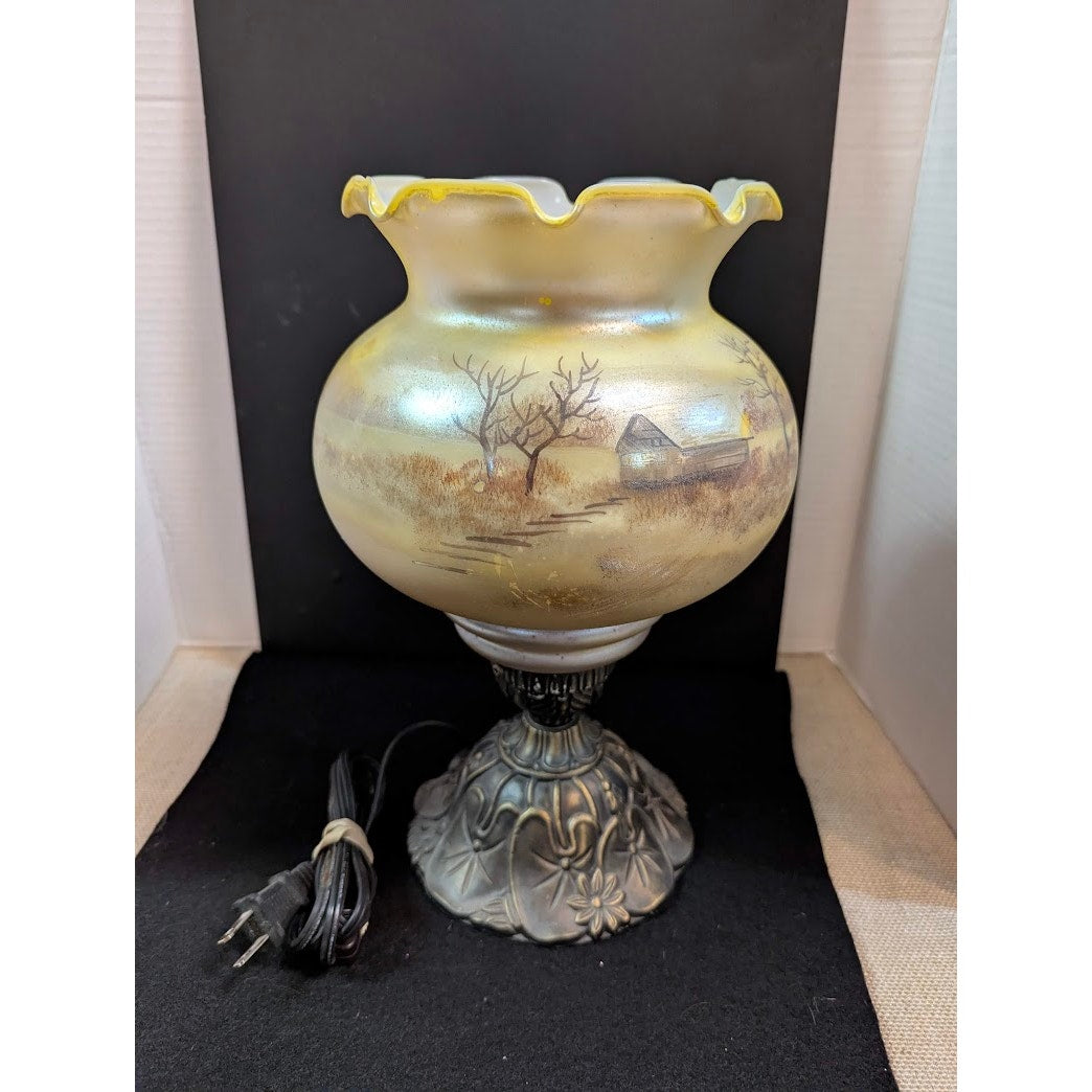 Vintage Custard Glass Lamp Handpainted Barn Scene Ribbon Top French Country
