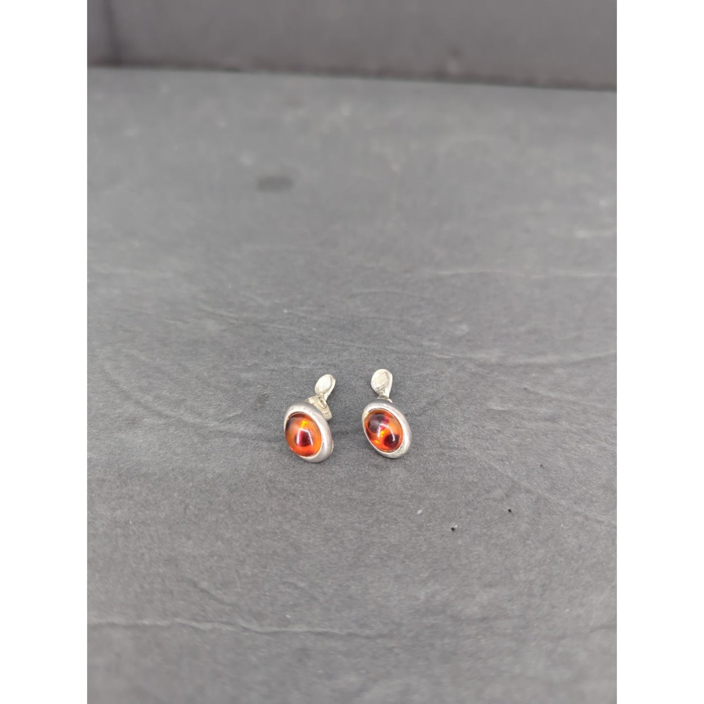 Vintage Amber Cabochon Clip On Earrings Silver Tone Enclosed Bezel Retro
