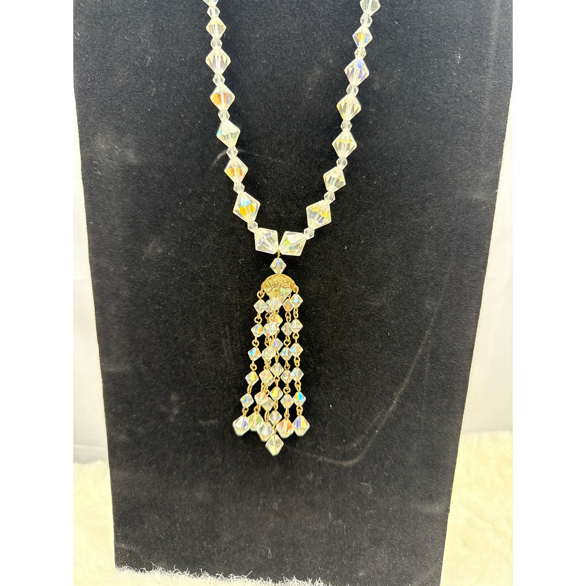 Vintage AB Aurora Borealis Crystal Tassel Pendant Necklace Statement 18"