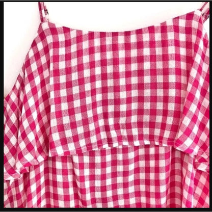 New Abound Gingham Tiered Layered Ruffle Camisole Tank Top Pink White Medium